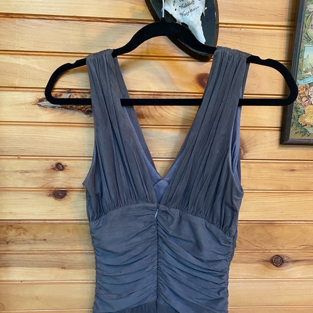 Vintage Bebe suede look and feel body con, ruched, plunge, soft bombshell dress - Picture 5 of 7